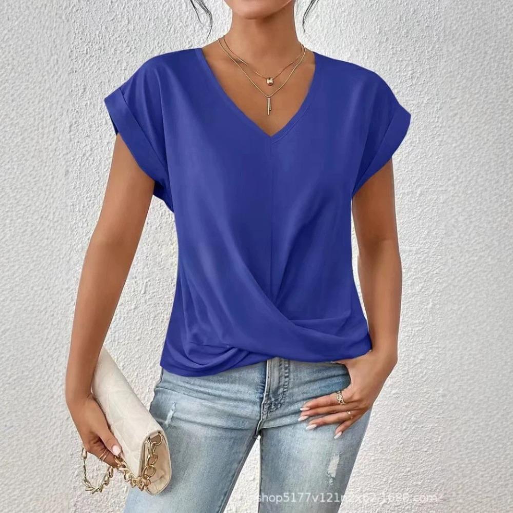Summer Solid-color Fitted V-neck Women's Short-sleeved T-shirt