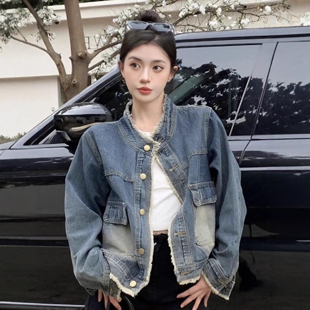 Women's Round Neck Long Sleeve Denim Jacket Loose Fit Vintage Commuter Outerwear Coat