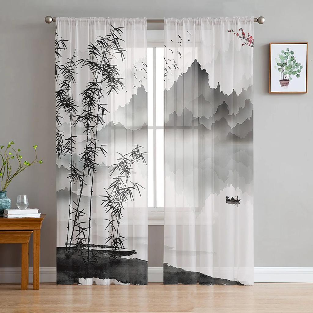 Landscape Ink Painting Tulle Window Curtains Living Room Organza Yarn Sheer Voile Curtain Bedroom Kitchen Home Decor Drape