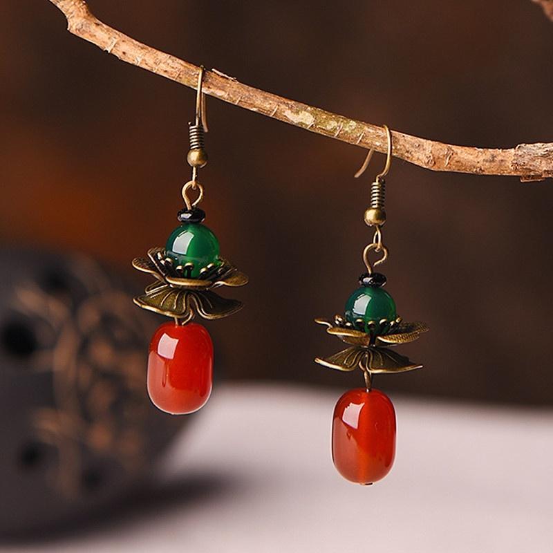 Red Green Stone Earrings For Women Vintage Copper Alloy Flower Earrings Fashion Jewelry Simple Earring Female