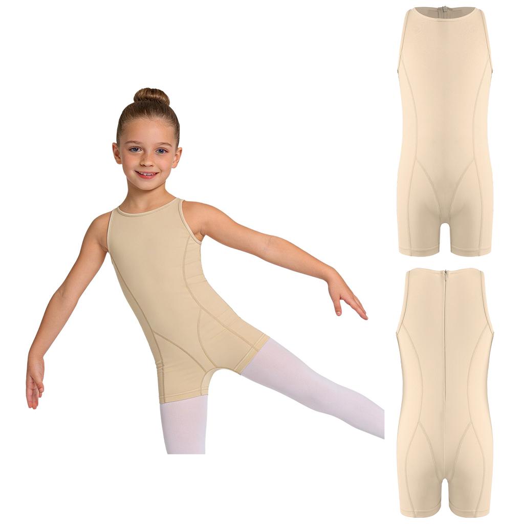 Kids Girls Gymnastics Dance Bodysuit Round Neck Sleeveless Back Invisible Zipper Thigh Length Jumpsuit for Practice Training