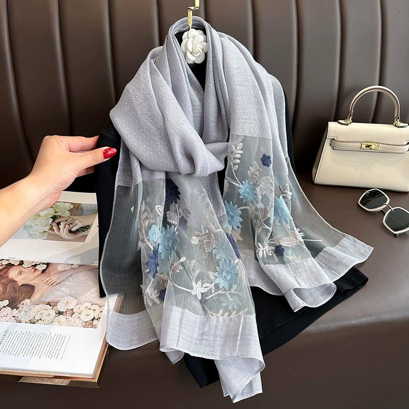 Floral Embroidery Elegant Silk Scarf Simulated Silk Soft Thin Shawl Scarf Solid Color 180*70Cm Beach Uv Protection Turban
