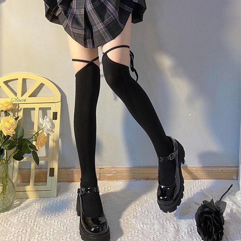 Spice Girls Strap-On Cross-Strap Socks Black Lolita Tall Stockings Versatile Women'S Thin Design Knee Socks
