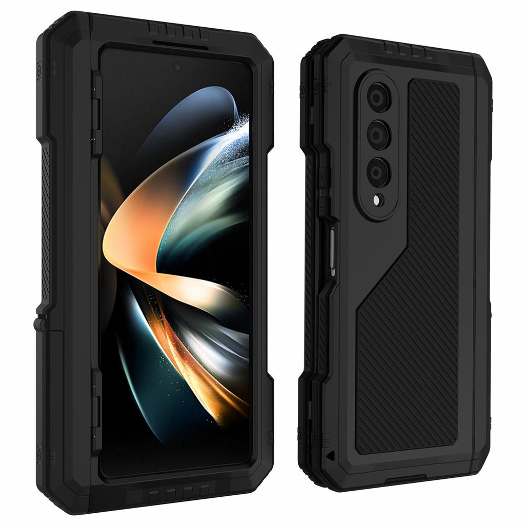 For Samsung Galaxy Z Fold4 5G Aluminium Alloy+Silicone Phone Case Shockproof Dustproof Kickstand Protective Cover with Screen Protector