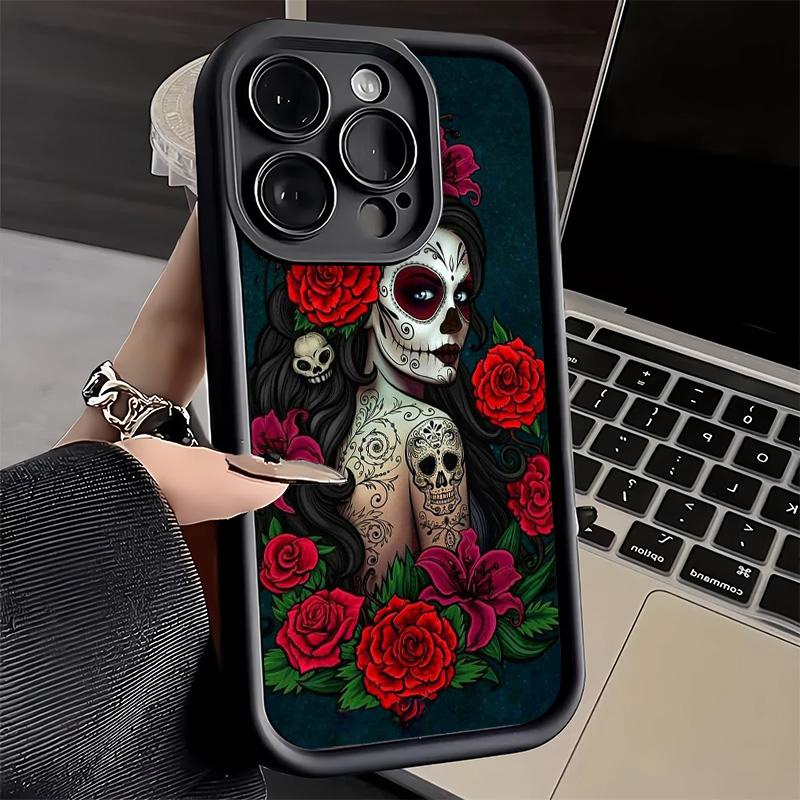 Phone Case for iPhone 17 Air 16E 15 16 Pro Max Catrina Beautiful Rose Girl Skull Cover 14 Plus 13 12 Mini Soft Shell Silicone Fu