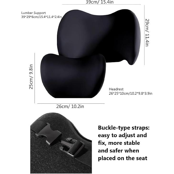 Car Headrest & Lumbar Support Cushion Ergonomic Car Seat Neck Back Rest Pillows Orthopedic Memory Foam Head Rest and Lower Lumbar Support Pillow Set