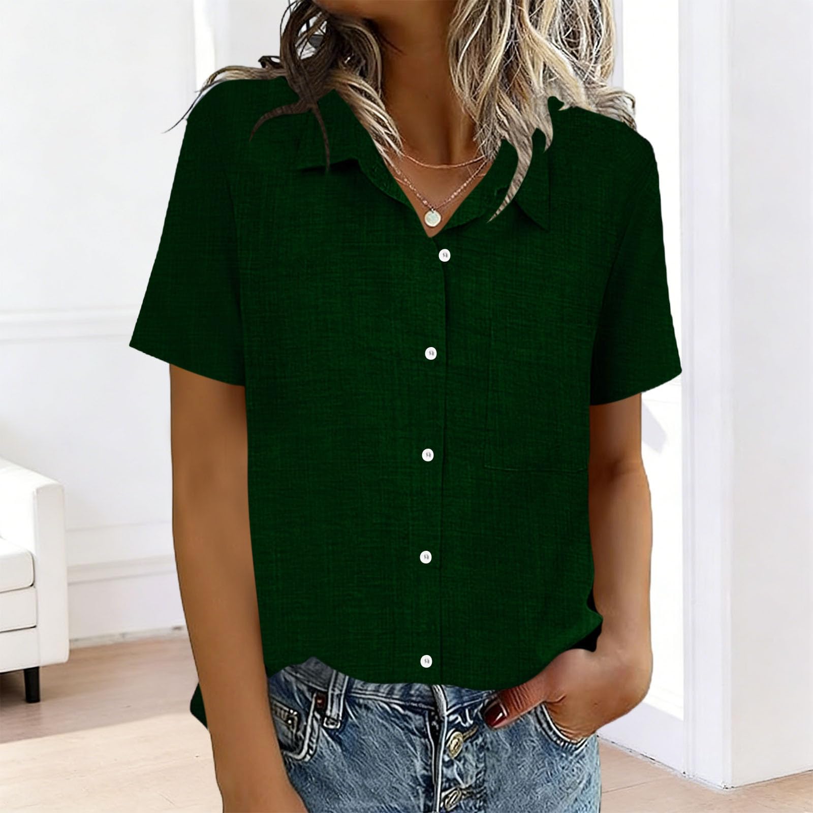 

Women s Fashion Color Standing Collar Short Sleeve Button-Up Shirt T-Shirt Top M зелёный