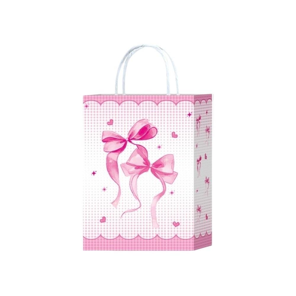 5PCS Sweet Pink Paper Gift Bags White Bow Handheld Design Pink Bow Theme Bow Themed Paper Material Candy Tote Bag Wedding Party