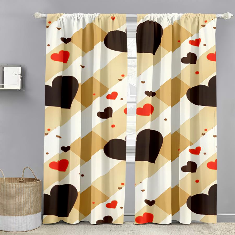 

Brown Yellow Heart Shaped Curtains Retro Style Bedroom Living Room Decorative Drawbar Pockets Curtain Set Of 2 Made Polyester Washable Great Ready W100*H70(CM)-Hooks&1PCS