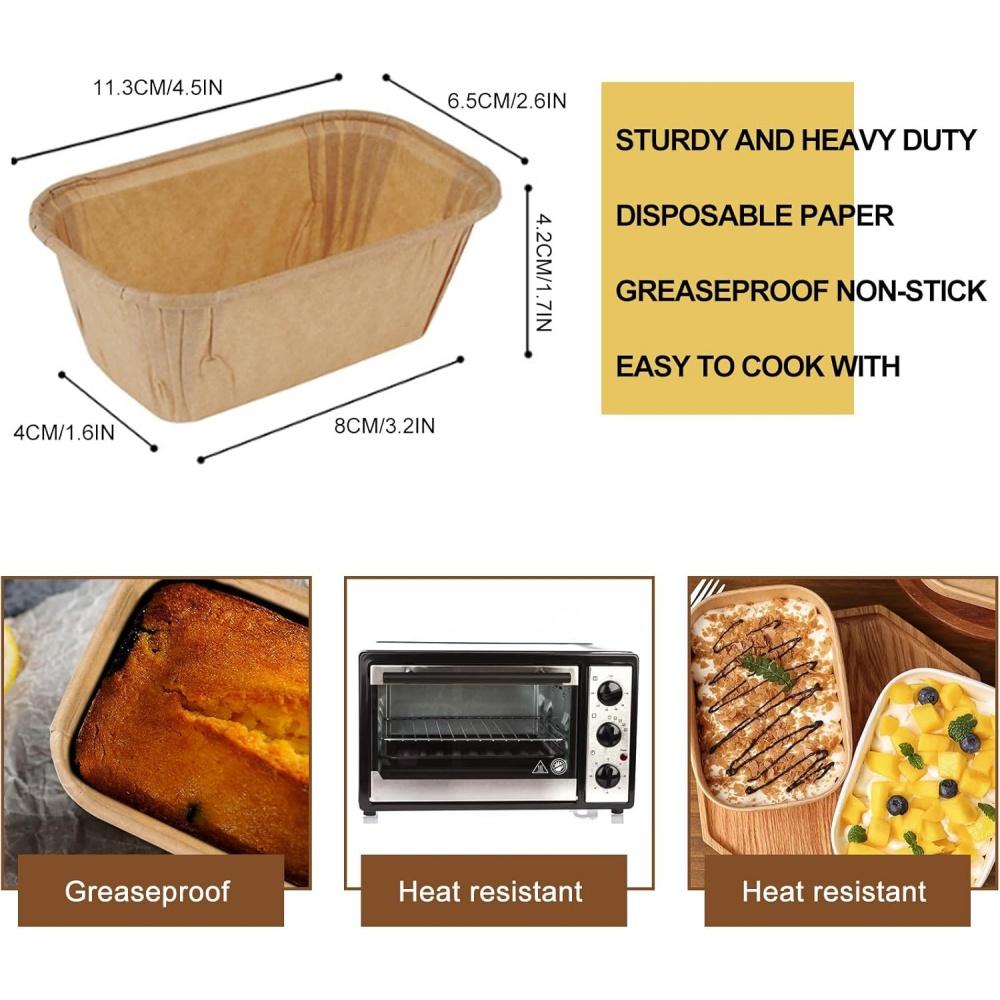 50pcs Disposable Cake Moulds, Rectangular Non-stick Paper Mini Baking Dish for Plumcake, Cakes, Bread (Brown)