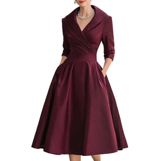 Women s Lapel V Neck Work Dress Long Sleeve A Line Swing Dress Formal Business Office Midi Blazer Dress S