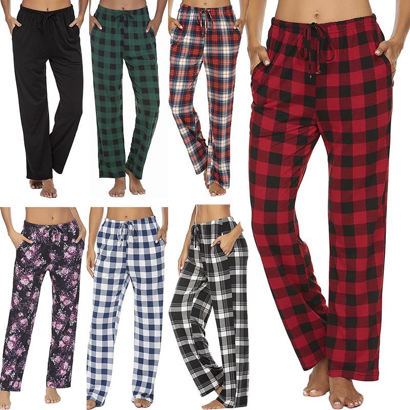 European and American Women's Plaid Print Casual Sleep Pants - Drawstring Loose Fit