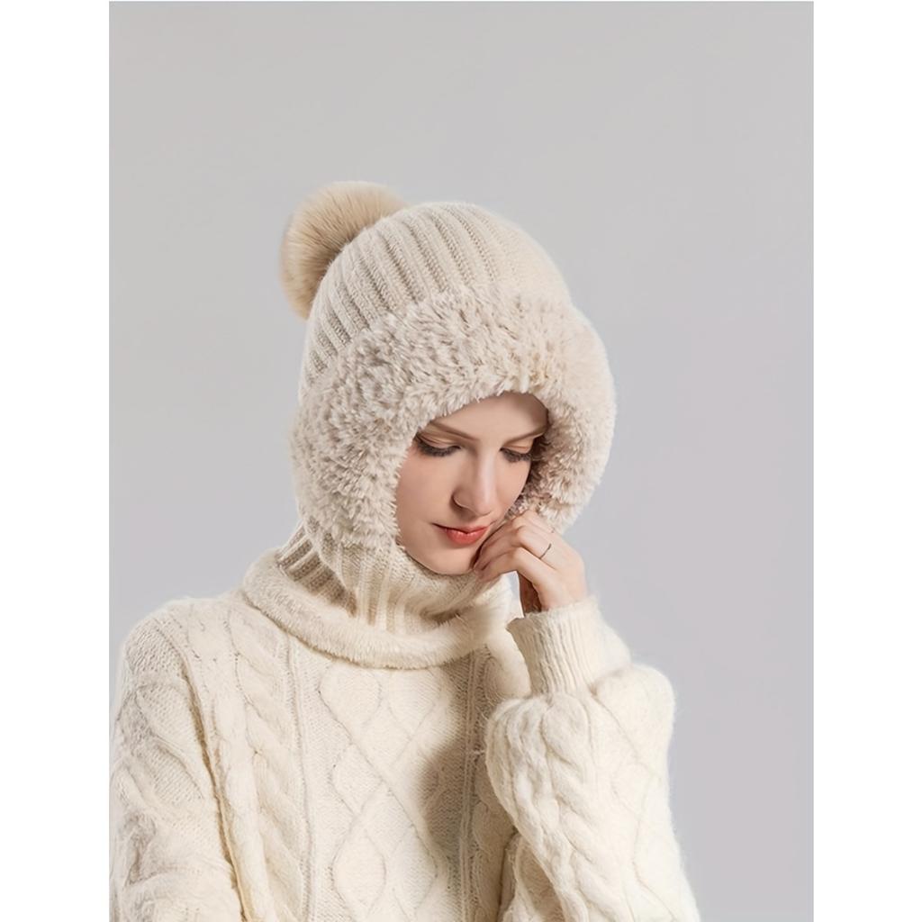 Women's Winter Hat Face Mask and Plush Earrings - Soft and Warm Full Face and Head Cover- Soft Fleece Lining Women's Winter Hat