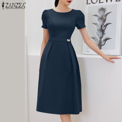 Women Casual Round Neck Summer Short Sleeve Plain Dress