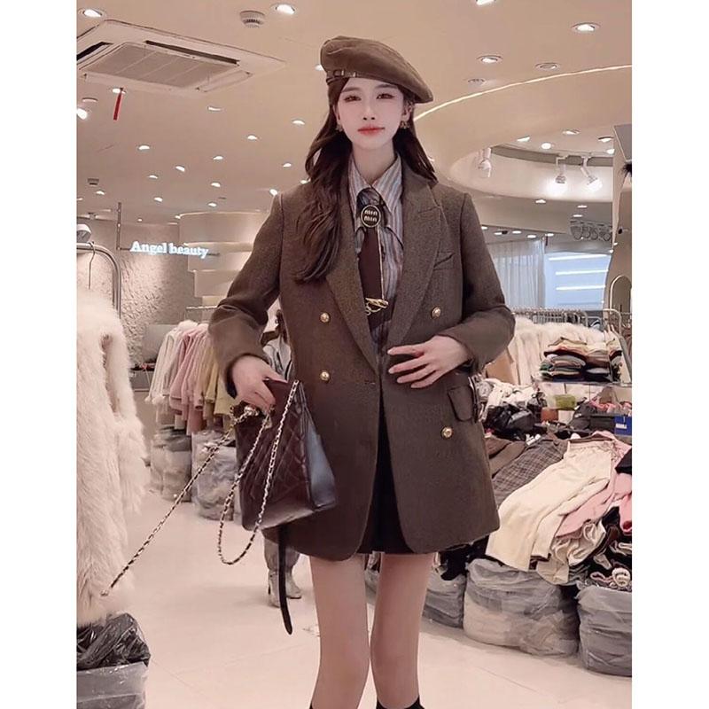 Comes With Belt Vintage Wool Jacket For Women Autumn And Winter  Double-Breasted Temperament Female Long Sleeve Blazer