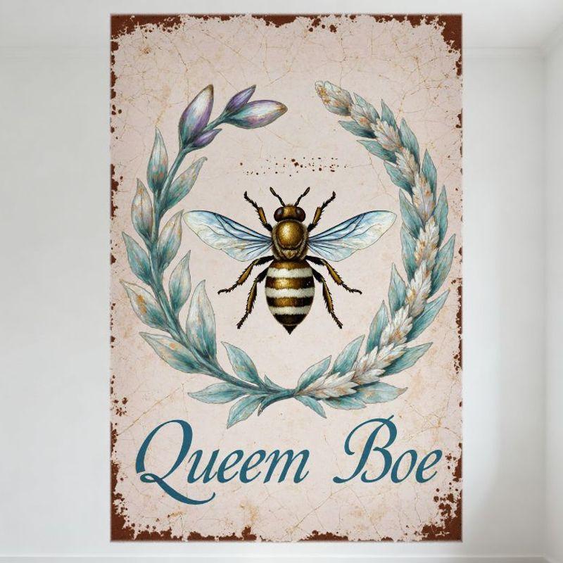 

Vintage Rustic Bee Wreath Metal Tin Sign with Blue Floral Frame, Queem Boe Cursive Text - Antique Aged Beige Background for Ho 20x30cm（7.8x11.8inch）