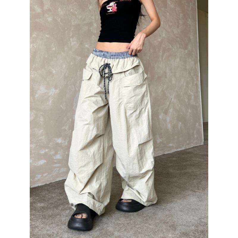 Dopamine Contrasting Color Splicing Plaid Paratrooper Pants Men's and Women's Summer Loose Wide-leg Scimitar Pants Pleated Tooling Casual Pants