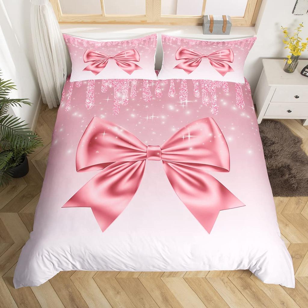Pink Bowknot Duvet Cover Set Dreamy Princess Style Women Girl Soft Microfiber Bedding Set Pink Floral Queen King Comforter Cover