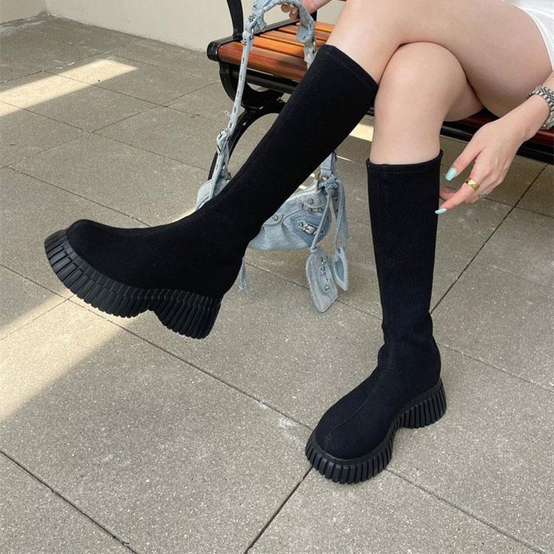 Modă 2025 Toamnă Nou Botine din Material Elastic pentru Femei cu Tălpi Groase cu Platformă Botine la Modă pentru Fete Pantofi Gotici Botine pentru Femei Până la Genunchi