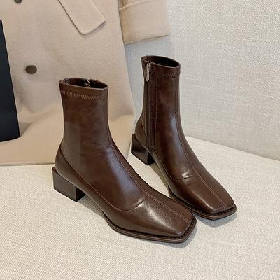 Square Head Square Heel Short Boots Women's Brown Side Zipper Elastic Thin Boots Black Middle Heels Fashion Sewing Women Shoes