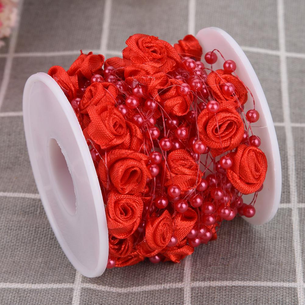 10mroll Rose Artificial Pearl Wire Beads Garland String DIY Wedding Decoration(red)
