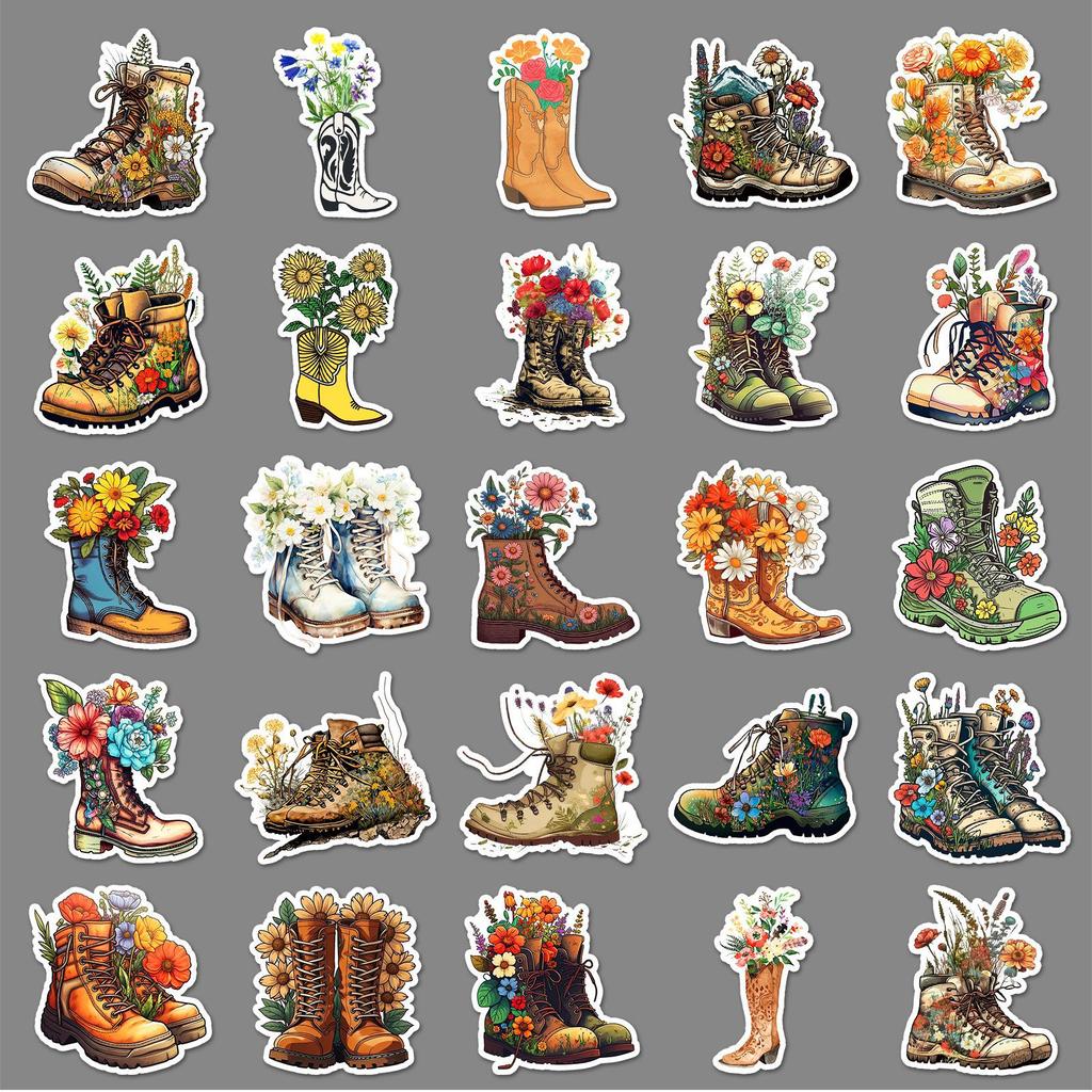 50 Boots Flowers Graffiti Stickers Personalized Retro Creative Decorative Mobile Phone Case Water Cup Computer Stickers
