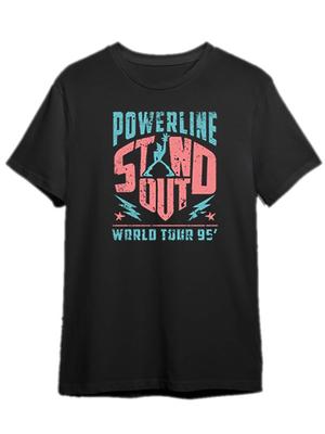 Mens Distressed Graphic Cotton TShirt  POWERLINE STAND OUT Design Black Short Sleeve Round Neck