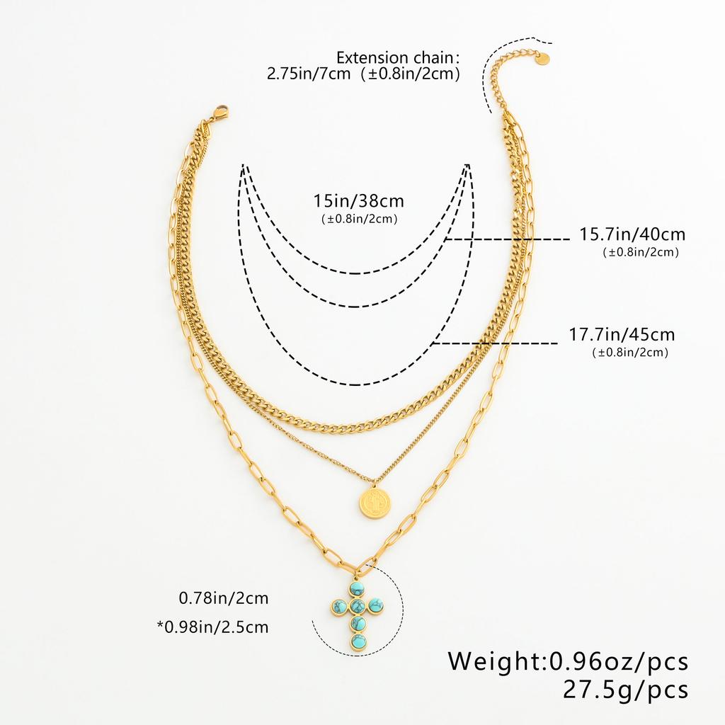 Cross Set Turquoise Pendant Round Card Women's Bohemian Style Golden Jewelry Gift Elegant Party Multi Layered Necklace