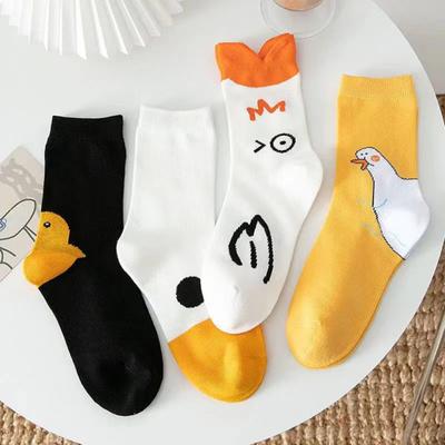 1 Pair Couple Winter Cartoon Socks Goose Duck Printing Mid-tube High Elasticity Wrapping Anti-slip Socks Comfort Warmth Sleeping Socks
