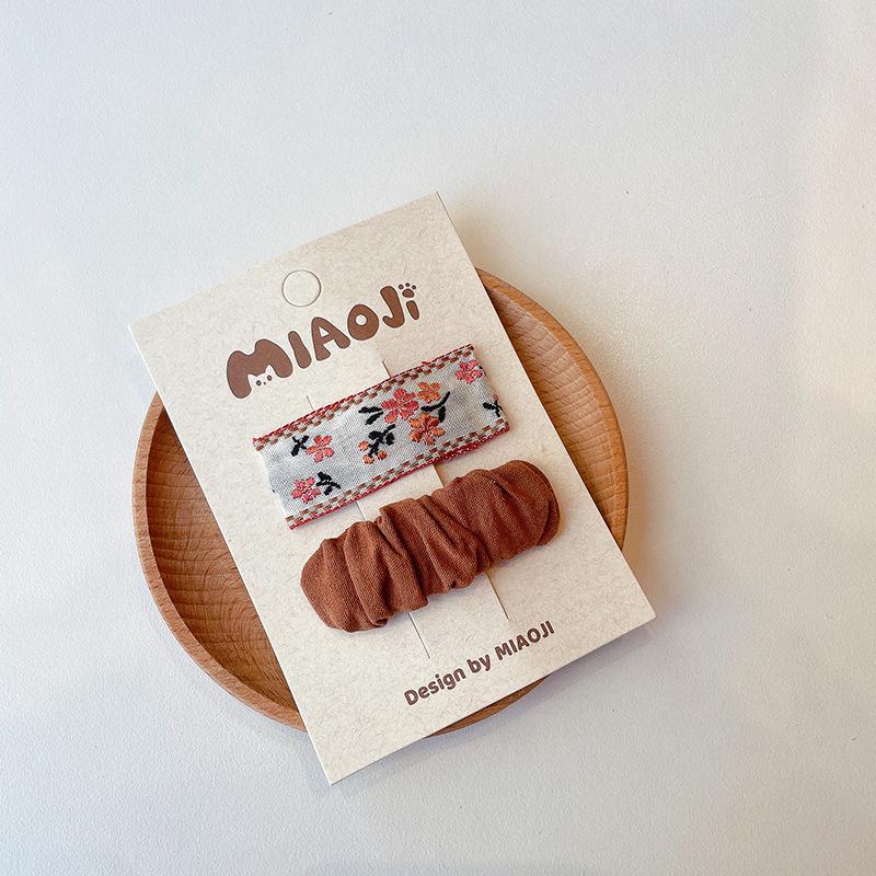 2pcs Coffee Plaid Embroidered Bow Hairpin Version of Children's Bangs Broken Hair BB Baby Headwear Girls Kids Hair Accessories