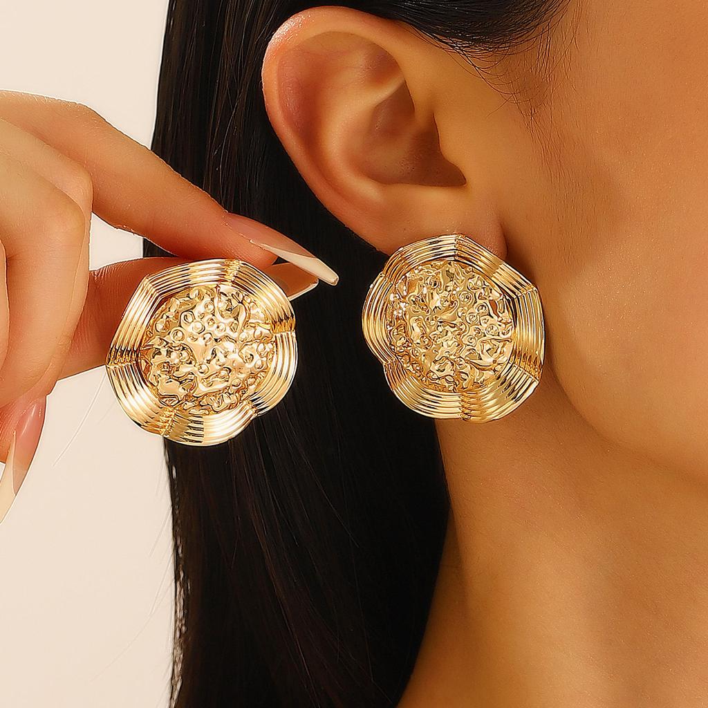 Women's Modern Trend Exaggerated Personality Stud Earrings High End Metal Wrinkled Texture Irregular Geometry Fashion Zircon