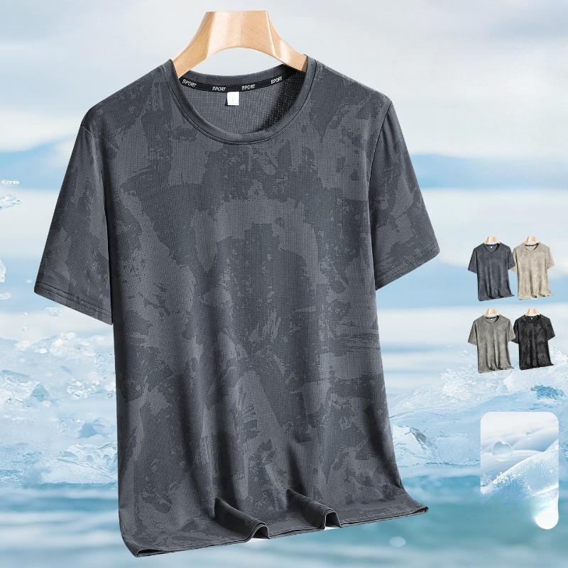 Summer Men Breathable Ice Silk Short Sleeve Tee Elastic Crew Neck Casual Fashion High Quality Sports Running Plain Top