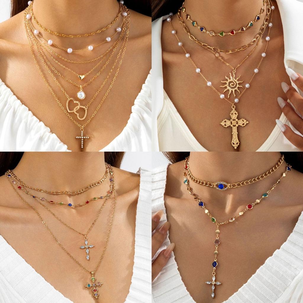 Élégant collier perle imitation femme, croix strass colorés multicouche avec collier en forme de Y
