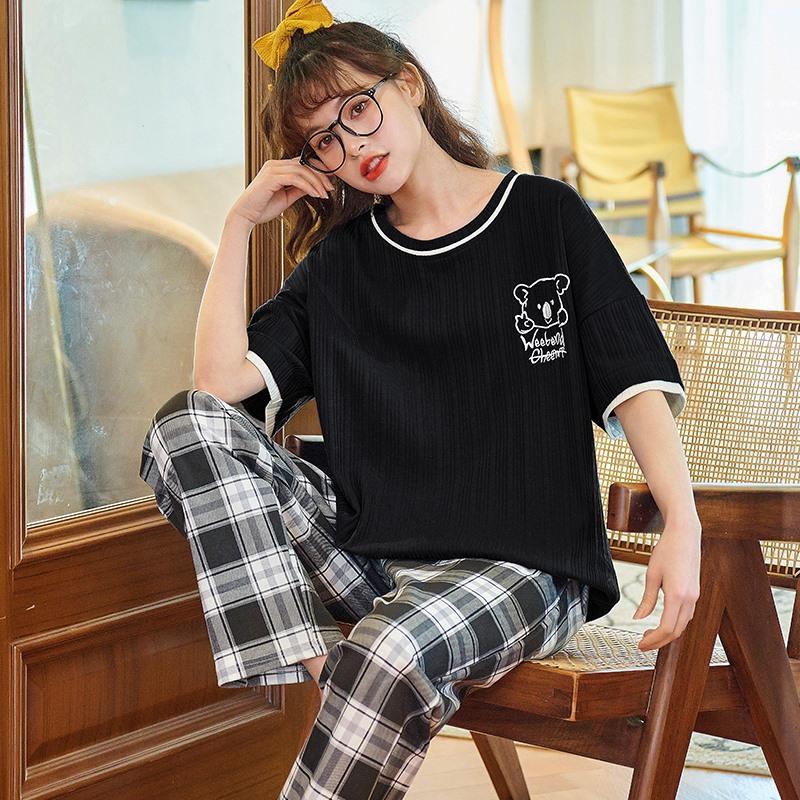 Damen-Set, modisch, kurzärmelig, Rundhals-Pullover, Oberteil, karierte Hosen, lockeres, bequemes Heim-Outfit, Nachtwäsche, Homewear-Pyjama, 2-teilig