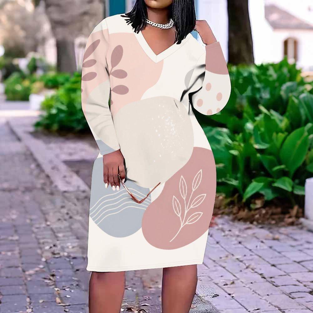 Women Plus Size V Neck Long Sleeve Abstract Leaf Printed Straight Dress