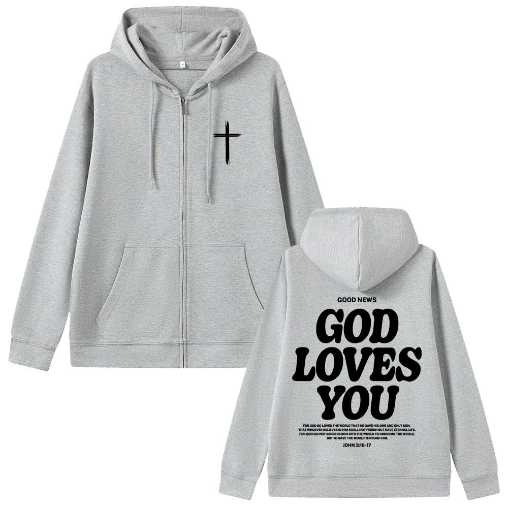 Christian Jesus Good News God Loves You Bible Verse Graphic Zipper Hoodie Men Women Oversized Zip Up Jacket Tops