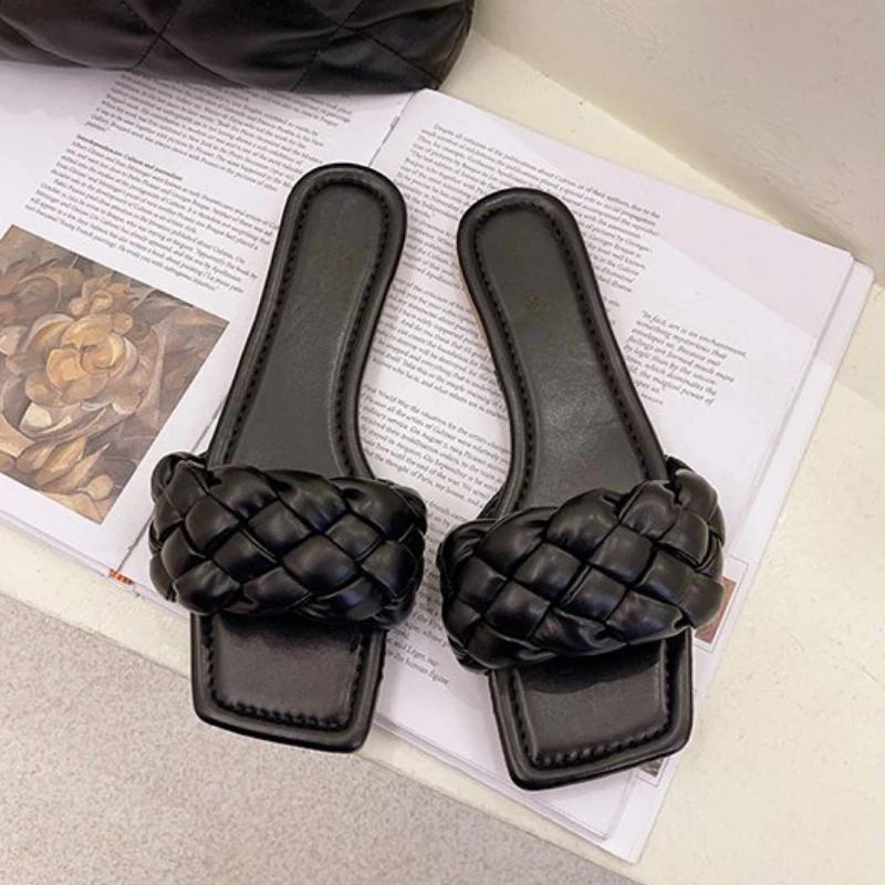 Fashion Fashion Square Toe Flat Women Slippers breathable Casual Summer Shoes Woman Slip on Ladies Slides Big Size 41 Beach Flip Flops