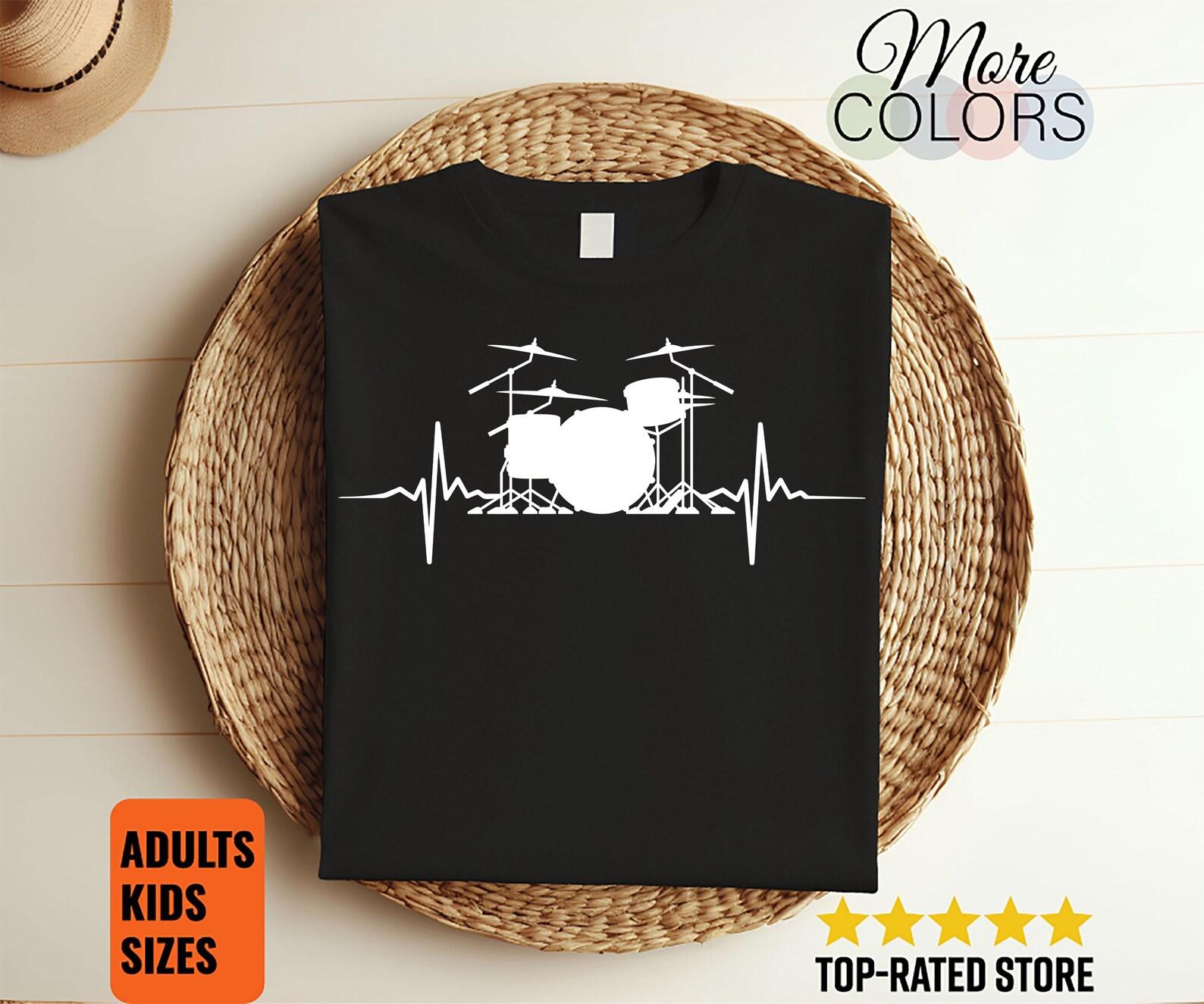 Drums Heartbeat Rock Music Drumming Lover Gifts Band Member Drummers T-Shirt, Drum Kit Owner Gift, Cool Drumset, Musicians Dad Present, 120