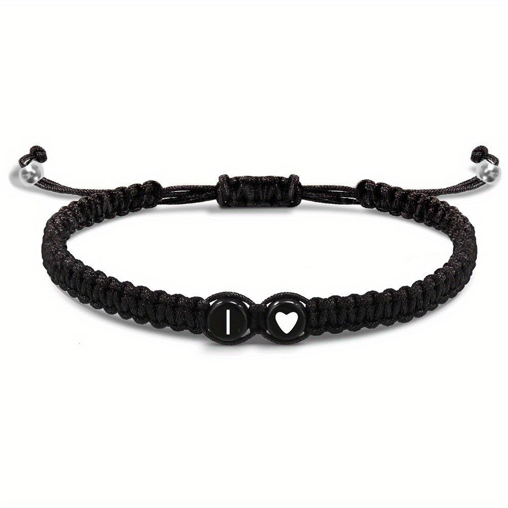 Adjustable Hand-woven Bracelet: Black with White Letter, Heart, Silver Bead - Choose from 26 English Alphabets.