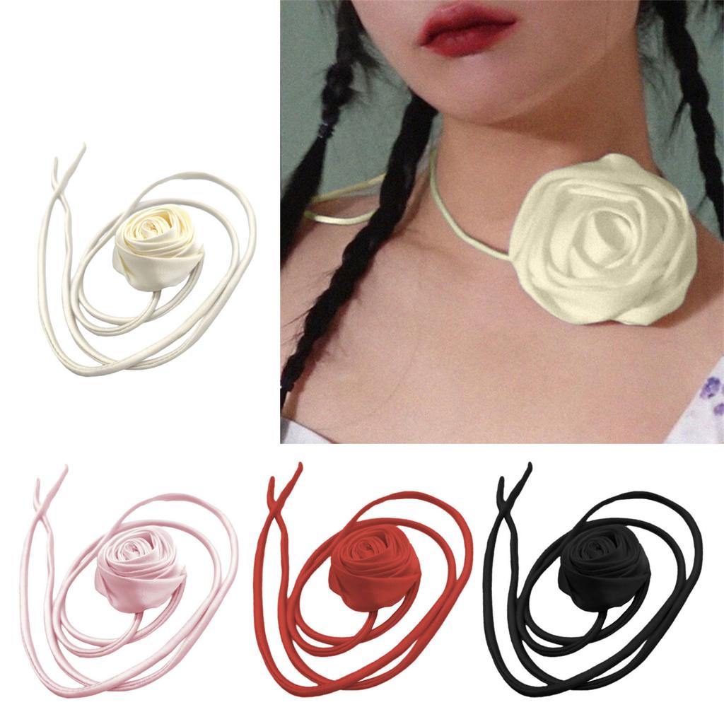 Stylish Rose Neck Collar Necklace Chic Rose Ribbon Necklace Elegant Long Rope Necklace Suitable for Various Occasion