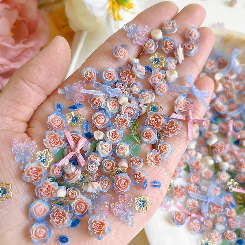 100Pcs Diy Nail Art Decor 3D Blue Pink Roses Garden Nail Drill Mixed Pearl Fabric Butterfly Knot Leaf Manicure Diamond Accessory