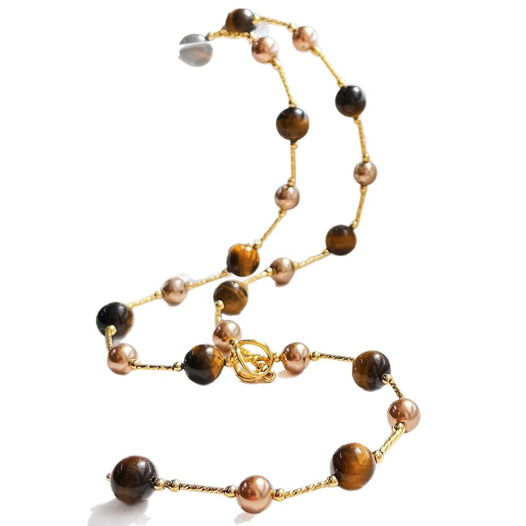 Vintage Boutique Natural Tiger'S Eye Stone Artificial Crystal Pearl Design Sense Sweater Chain Necklace Collarbone Chain Women