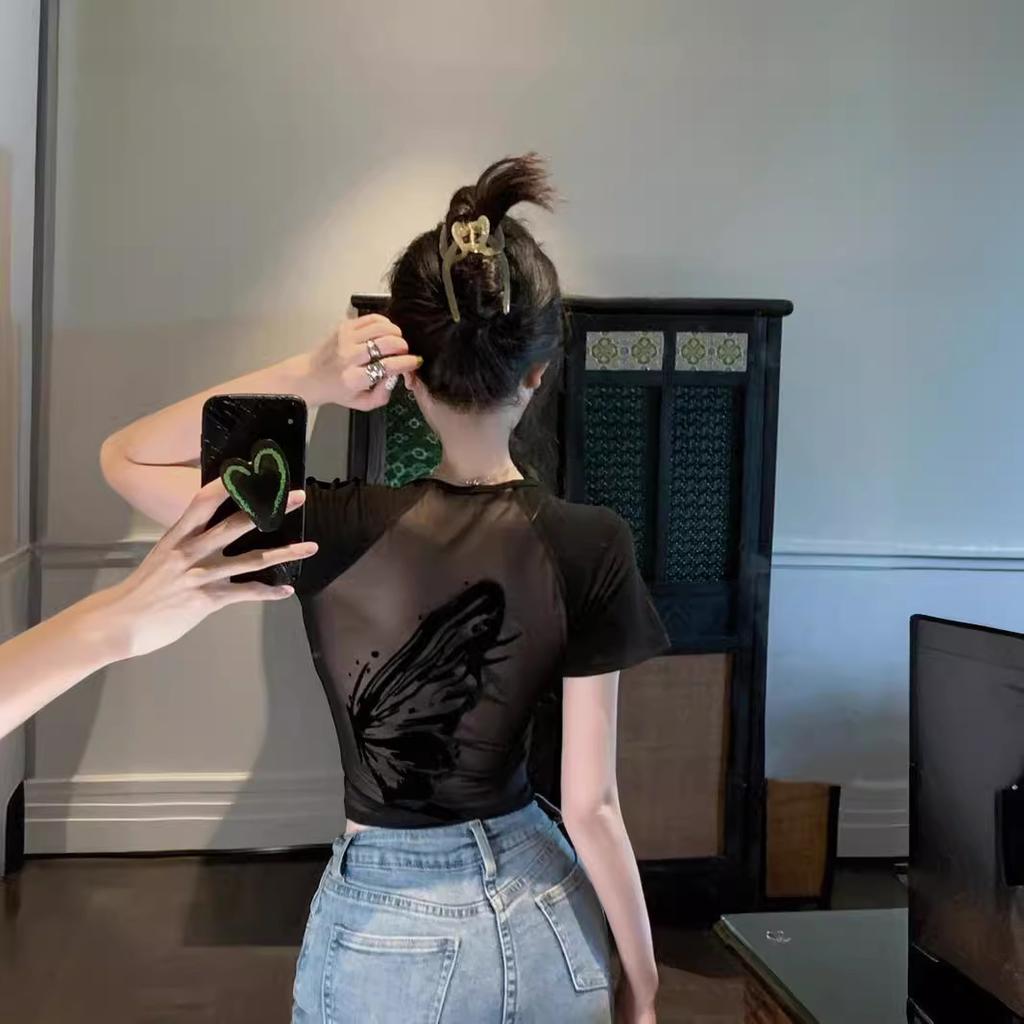 Pure Desire Spice Girl Sexy Backless Short Top Women's Summer Hollow Back Short Sleeve Chic Beautiful Mesh Shirt