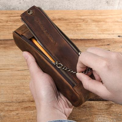 Pouzdro na tužky Crazy Horse Leather Handheld s dvojitým zipem Velkokapacitní retro krabička na tužky