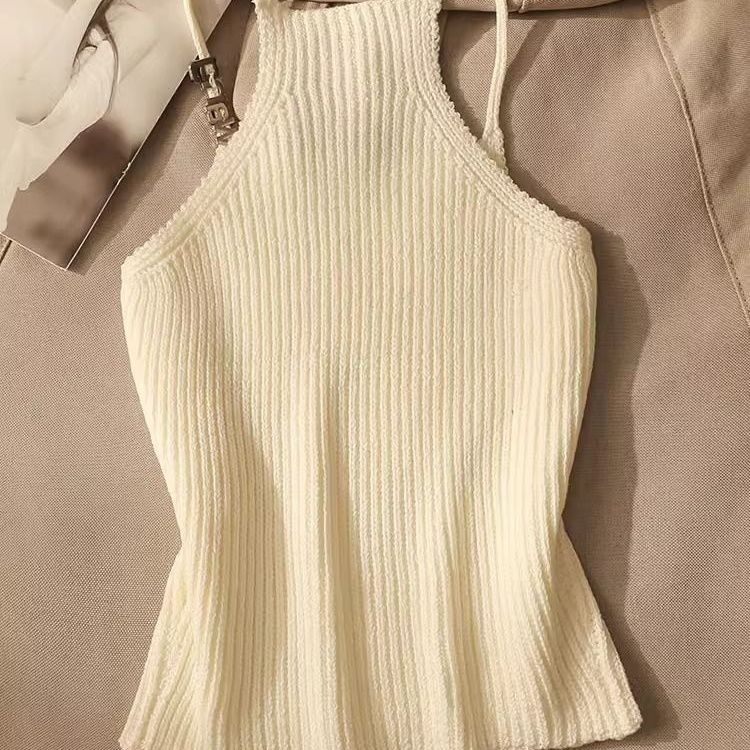 Women's French Pure Desire Hot Girl Knit Letter Camisole Vest Outer Wear Sexy Slim Fit Stylish Lining Top