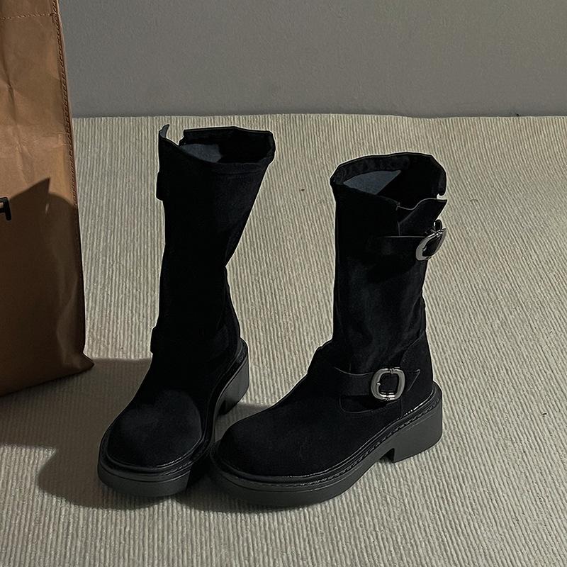 Platform-soled locomotive short boots women's 2025 autumn new Internet celebrity mid-tube Martin boots retro western cowboy stacking boots