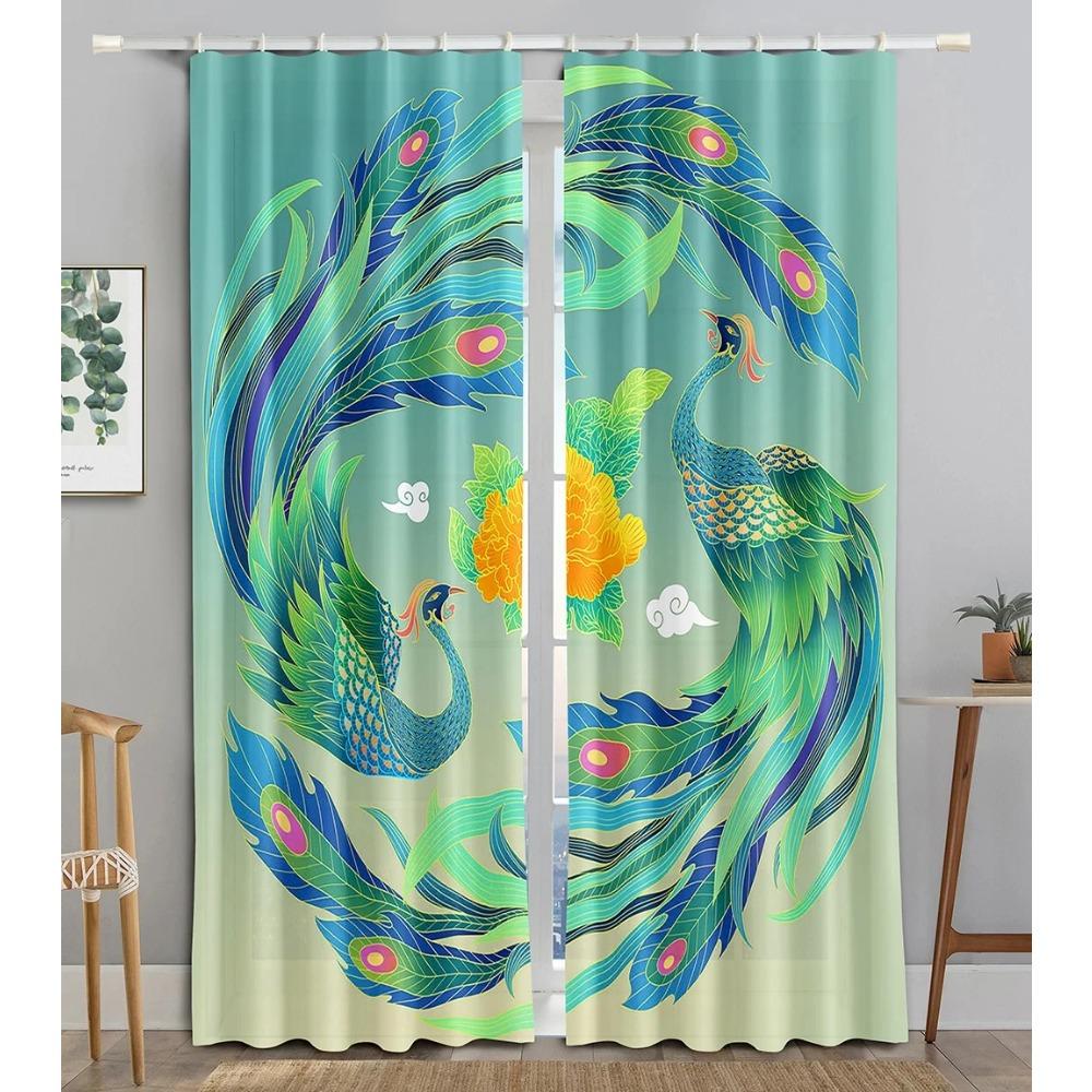 New Cheap Pink Flower Fish Green Peacock Curtain Bedroom Hotel Window High Shading  New Fashion Beautiful Color Pattern 2 Panel
