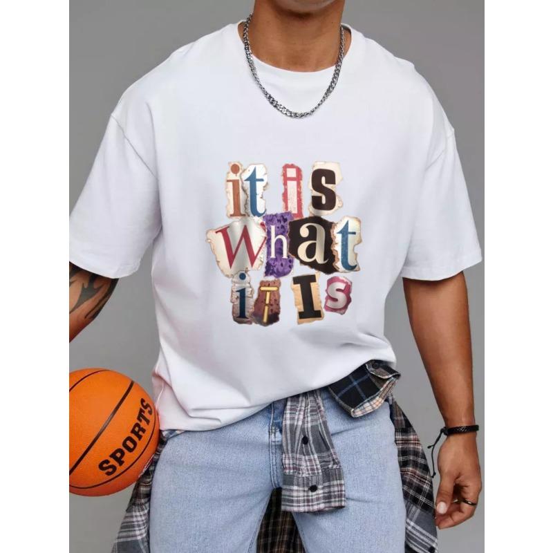 Bílé tričko s kolážovým potiskem It Is What It Is pro volnočasové nošení