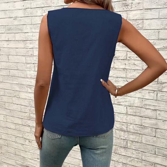 Women Tops Skew Collar Sleeveless Loose Fit Casual Tops Pure Color Buttons Decor Pullover