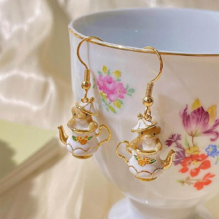 Enamel Chipmunk Teapot Earrings Trendy Pendant Necklace Stylish Woman Accessory